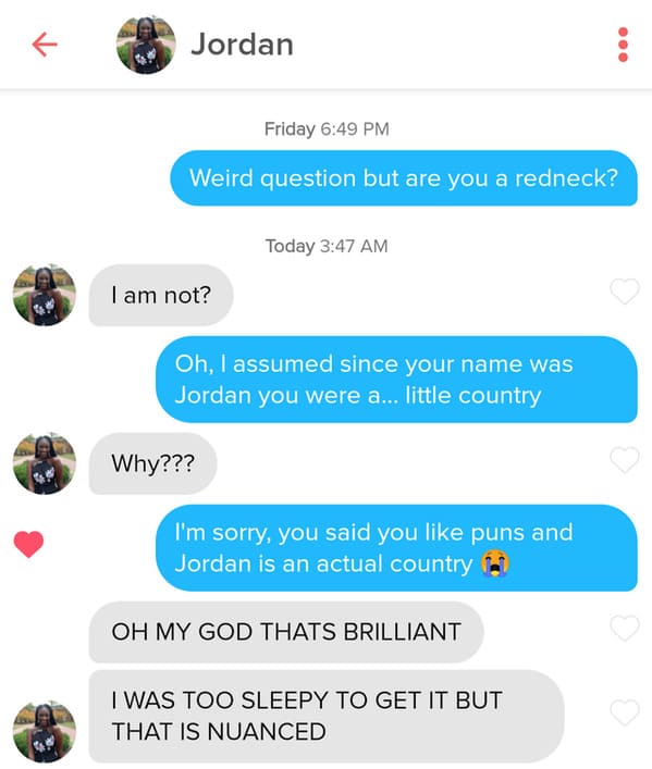 Puns on tinder that actually worked, funny dating app conversations, screenshots of tinder messages, funny weird tinder name puns, dad jokes