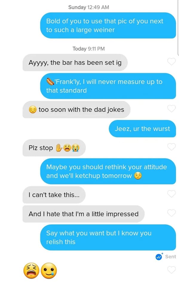 Puns on tinder that actually worked, funny dating app conversations, screenshots of tinder messages, funny weird tinder name puns, dad jokes