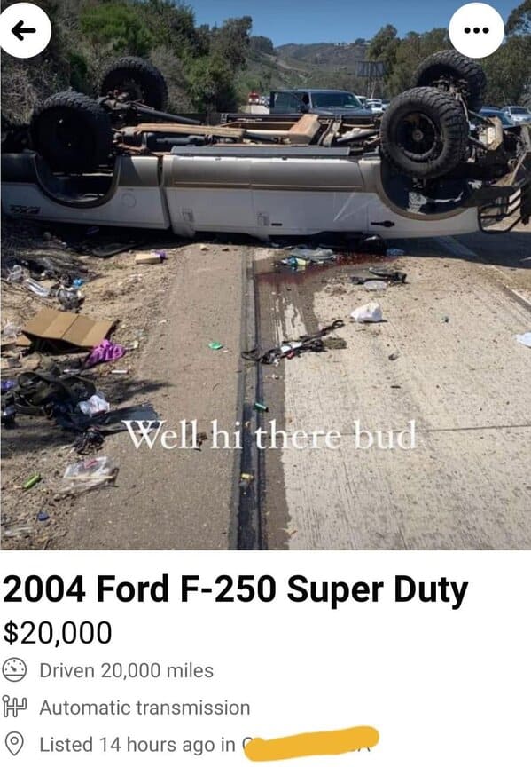 flipped car, totaled, Unusual Marketplace posts, Strange sellers twitter, funny and weird things people actually tried to sell online, wtf, weird Facebook marketplace