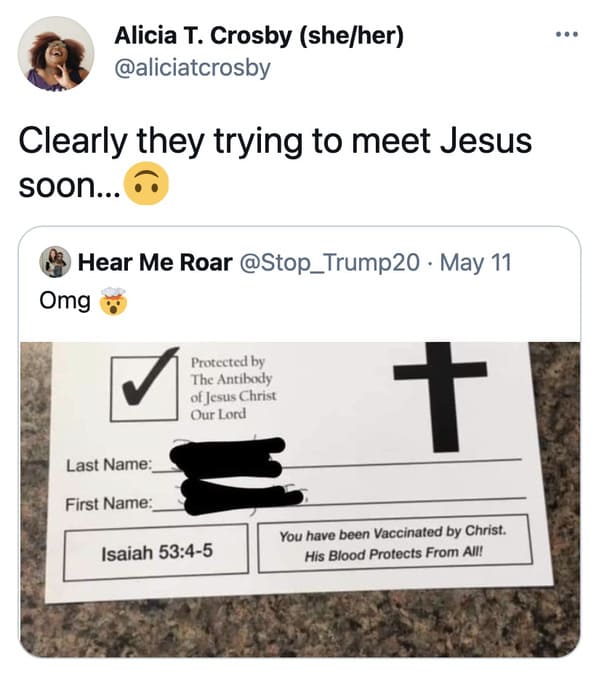 Vaccinated by the lord card, viral tweet about fake vaccine proof, vaccine from god, protected by Jesus, roasting christians, funny pics