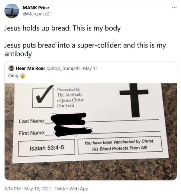 Vaccinated by the lord card, viral tweet about fake vaccine proof, vaccine from god, protected by Jesus, roasting christians, funny pics