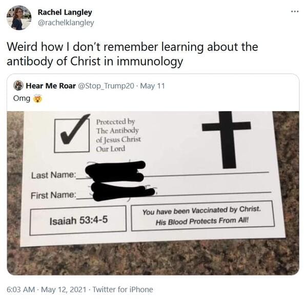 Vaccinated by the lord card, viral tweet about fake vaccine proof, vaccine from god, protected by Jesus, roasting christians, funny pics