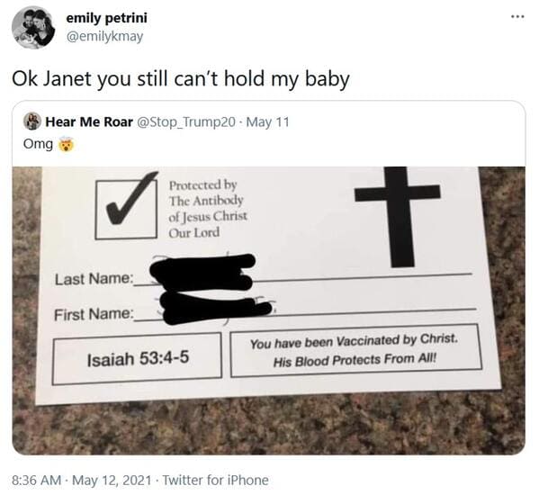 Vaccinated by the lord card, viral tweet about fake vaccine proof, vaccine from god, protected by Jesus, roasting christians, funny pics