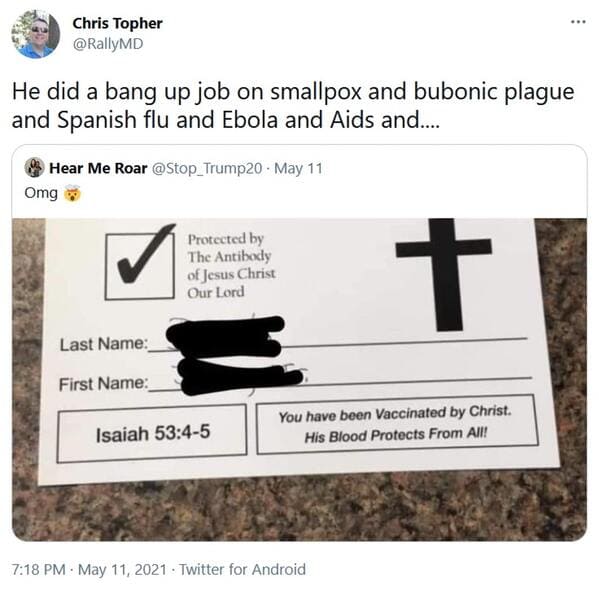 Vaccinated by the lord card, viral tweet about fake vaccine proof, vaccine from god, protected by Jesus, roasting christians, funny pics