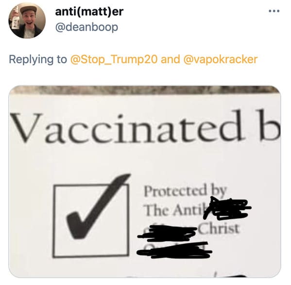 Vaccinated by the lord card, viral tweet about fake vaccine proof, vaccine from god, protected by Jesus, roasting christians, funny pics