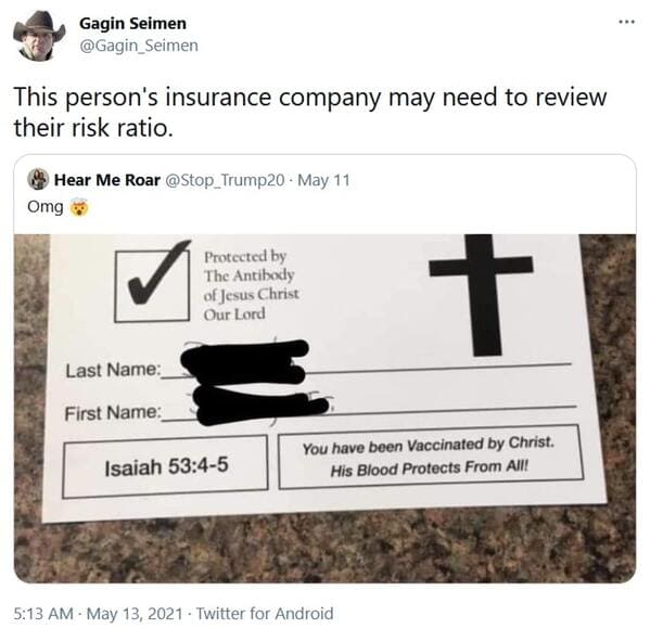 Vaccinated by the lord card, viral tweet about fake vaccine proof, vaccine from god, protected by Jesus, roasting christians, funny pics