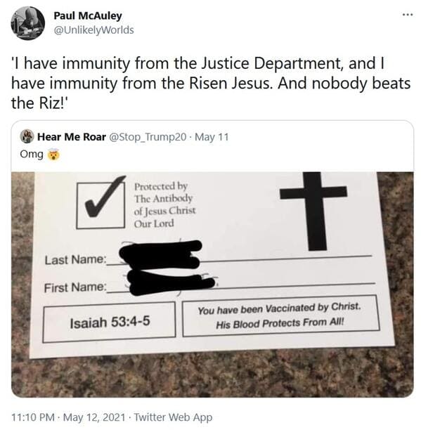 Vaccinated by the lord card, viral tweet about fake vaccine proof, vaccine from god, protected by Jesus, roasting christians, funny pics