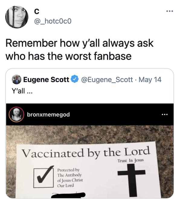 Vaccinated by the lord card, viral tweet about fake vaccine proof, vaccine from god, protected by Jesus, roasting christians, funny pics