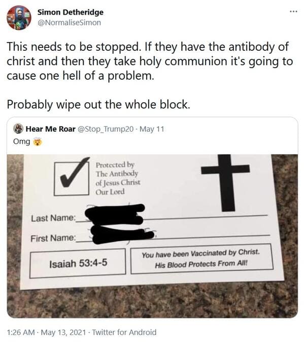 Vaccinated by the lord card, viral tweet about fake vaccine proof, vaccine from god, protected by Jesus, roasting christians, funny pics