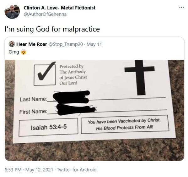 Vaccinated by the lord card, viral tweet about fake vaccine proof, vaccine from god, protected by Jesus, roasting christians, funny pics