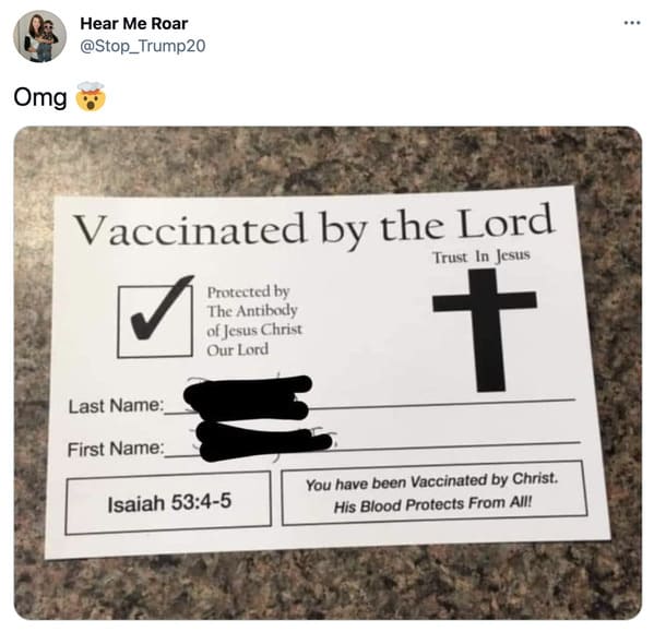 Vaccinated by the lord card, viral tweet about fake vaccine proof, vaccine from god, protected by Jesus, roasting christians, funny pics