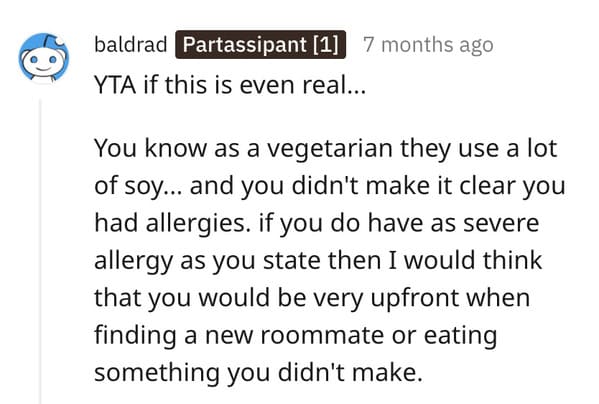 Vegan roommate sued story, cooked vegan food and poisoned roommate, allergies, AITA, Reddit, am I the asshole, felony charges for vegan food cooking