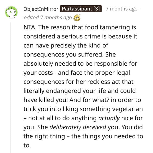 Vegan roommate sued story, cooked vegan food and poisoned roommate, allergies, AITA, Reddit, am I the asshole, felony charges for vegan food cooking