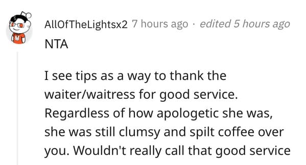 nta not the asshole, guy coffee spilled on crotch by waitress, reddit forum debate