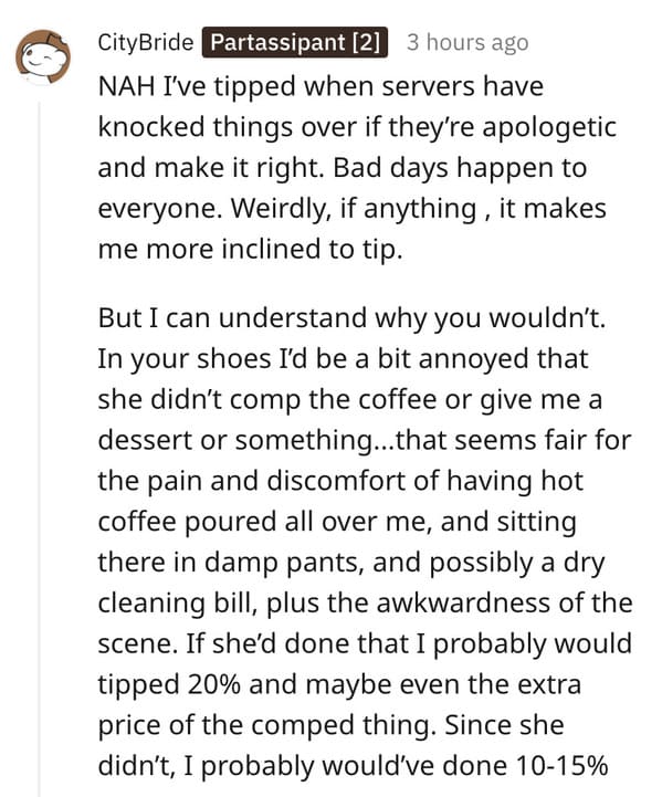 nta not the asshole, guy coffee spilled on crotch by waitress, reddit forum debate