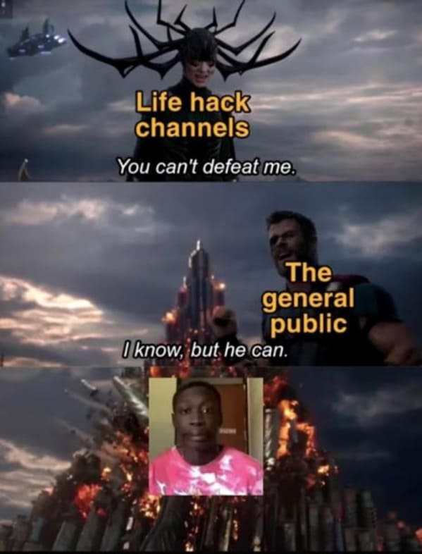 Funny life hack roast memes, dumb life hacks fixed by silent tiktok famous guy, khaby lame memes, khaby reaction meme, funny black Italian guy fixing life hack videos, dumb people called out