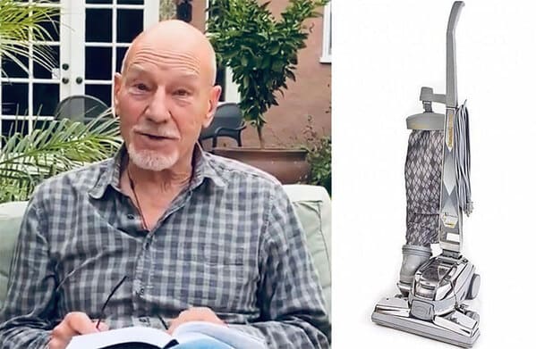 Funny twitter thread of Patrick Stewart as a vacuum cleaner, funny photos of sir Patrick Stewart, high fashion, viral tweets, Pandamoanimum