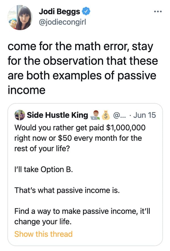 Funny math error goes viral, would you rather have one million or fifty dollars meme, terrible math, did the math, twitter, viral tweet about passive income