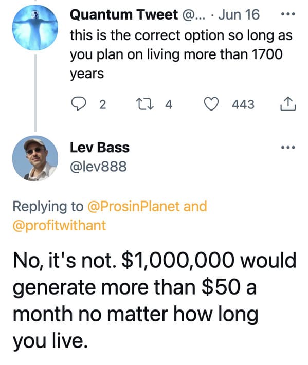 Funny math error goes viral, would you rather have one million or fifty dollars meme, terrible math, did the math, twitter, viral tweet about passive income