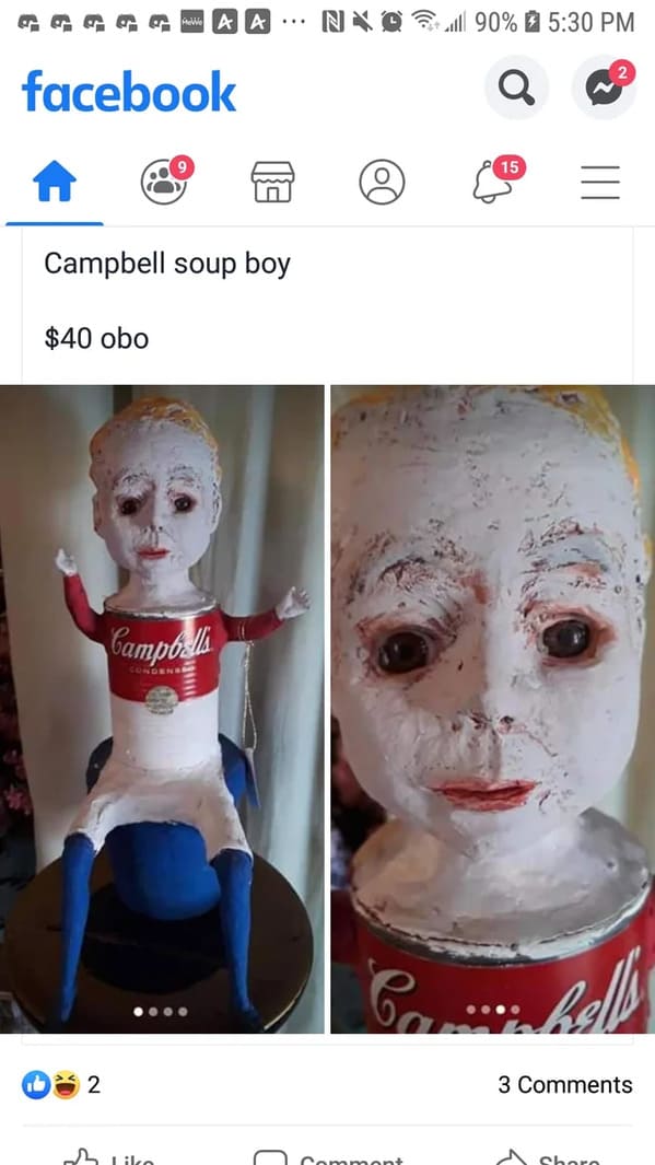 scary soup boy figure, Funny weird things for sale at garage sales and online, weird, wtfgarage sale, reddit, strange photos of items for sale