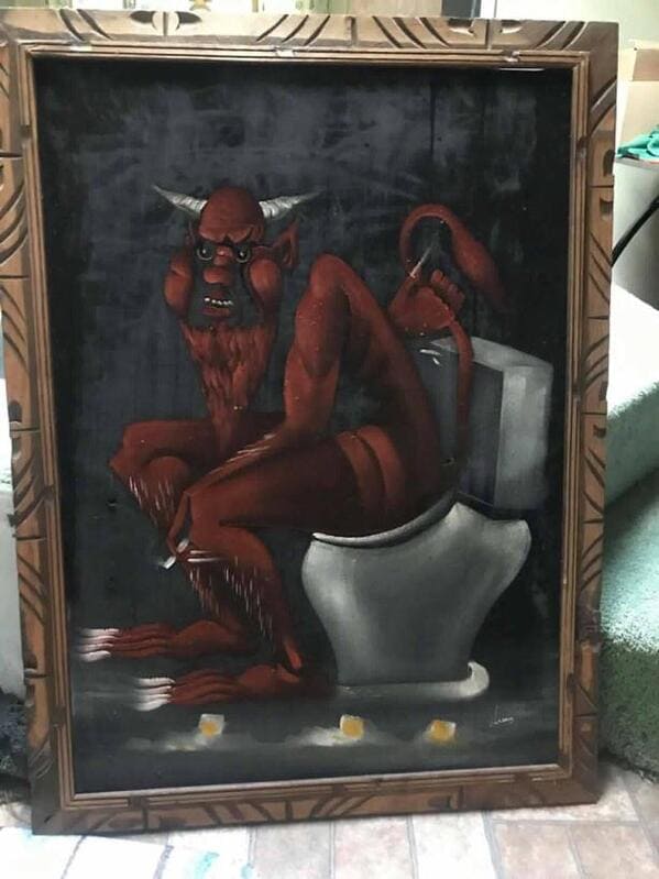 painting of satan pooping on a toilet, Funny weird things for sale at garage sales and online, weird, wtfgarage sale, reddit, strange photos of items for sale