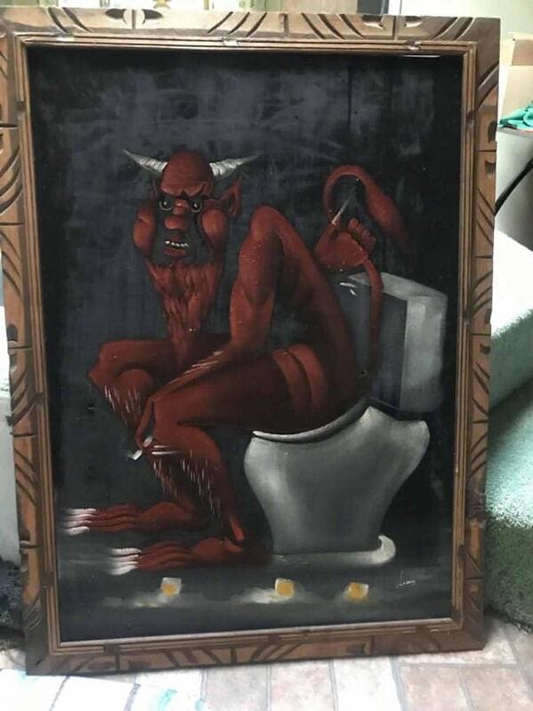 painting of satan pooping on a toilet, Funny weird things for sale at garage sales and online, weird, wtfgarage sale, reddit, strange photos of items for sale