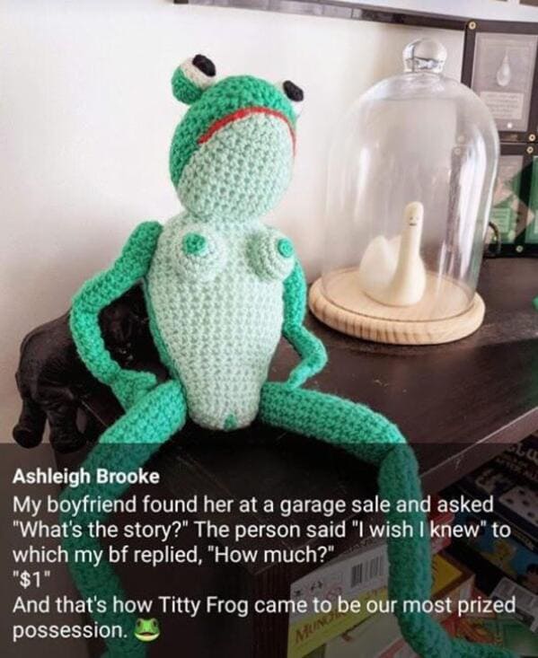 knit frog stuffed animal with breasts, Funny weird things for sale at garage sales and online, weird, wtfgarage sale, reddit, strange photos of items for sale