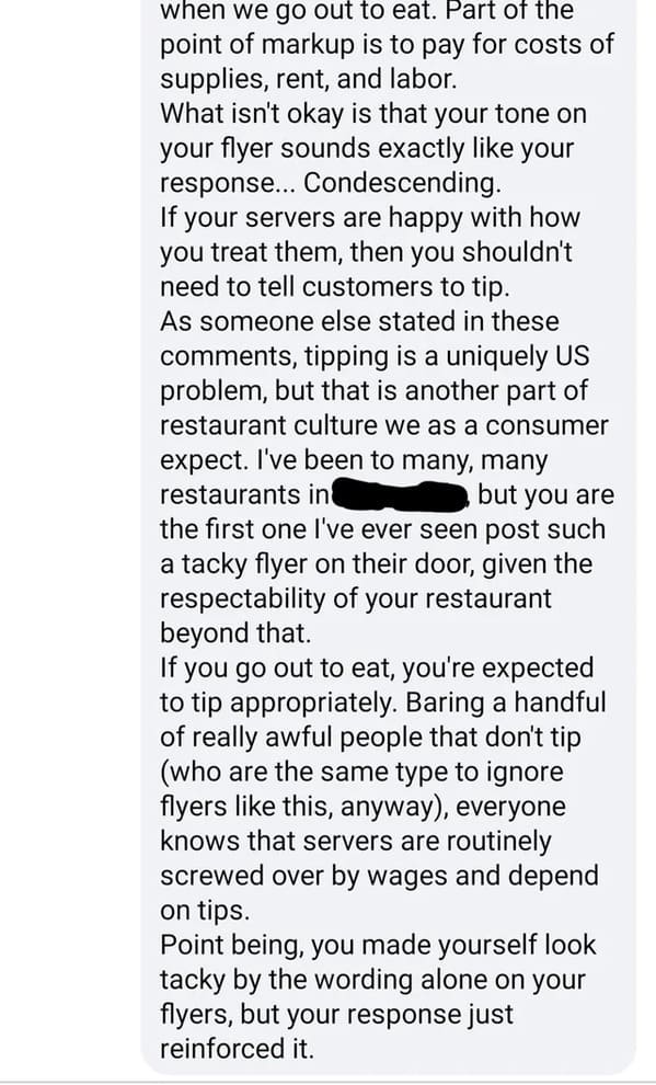 Restaurant owned for abusive flyer about minimum wage, workers being paid less than they’re worth and customers told to tip more, business roasted on social media, owned, no one wants to work anymore, lol, bad bosses