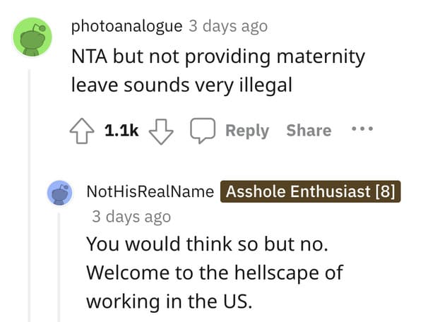 Woman asks if she’s the asshole to not give up vacation days, single woman versus pregnant woman vacation days AITA, American workers, sad, funny, Reddit question