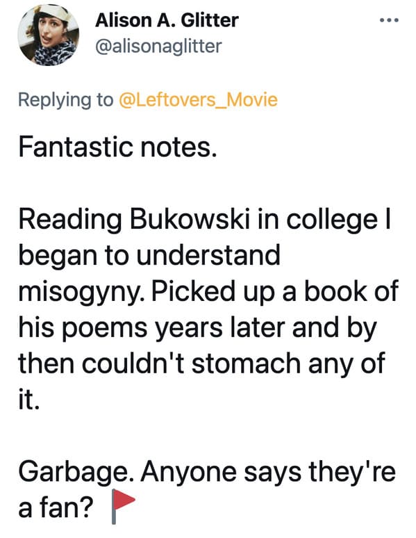 Charles Bukowski viral tweets about notes in the margin of book, bad poetry, Bukowski glitter pen woman feedback, funny viral tweets about male writers, lol, twitter reading books