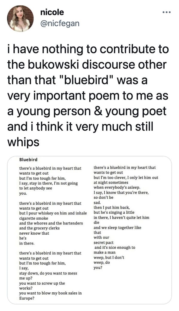 Charles Bukowski viral tweets about notes in the margin of book, bad poetry, Bukowski glitter pen woman feedback, funny viral tweets about male writers, lol, twitter reading books