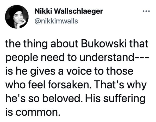 Charles Bukowski viral tweets about notes in the margin of book, bad poetry, Bukowski glitter pen woman feedback, funny viral tweets about male writers, lol, twitter reading books