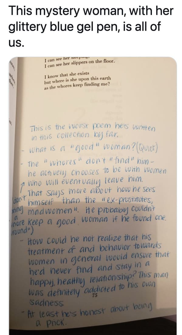 Charles Bukowski viral tweets about notes in the margin of book, bad poetry, Bukowski glitter pen woman feedback, funny viral tweets about male writers, lol, twitter reading books