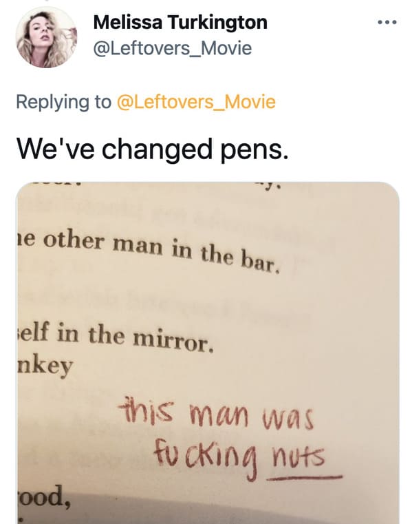 Charles Bukowski viral tweets about notes in the margin of book, bad poetry, Bukowski glitter pen woman feedback, funny viral tweets about male writers, lol, twitter reading books