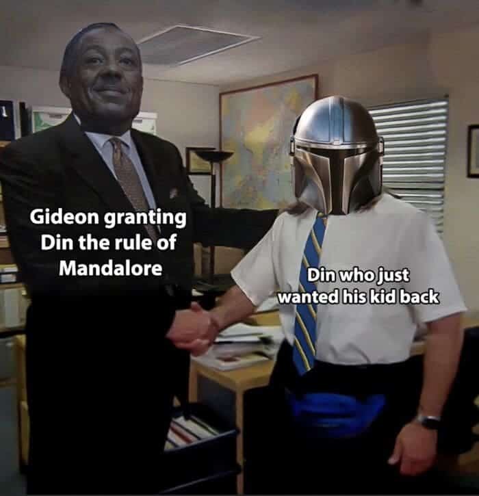 mandalorian meme - Gideon granting Din the rule of Mandalore