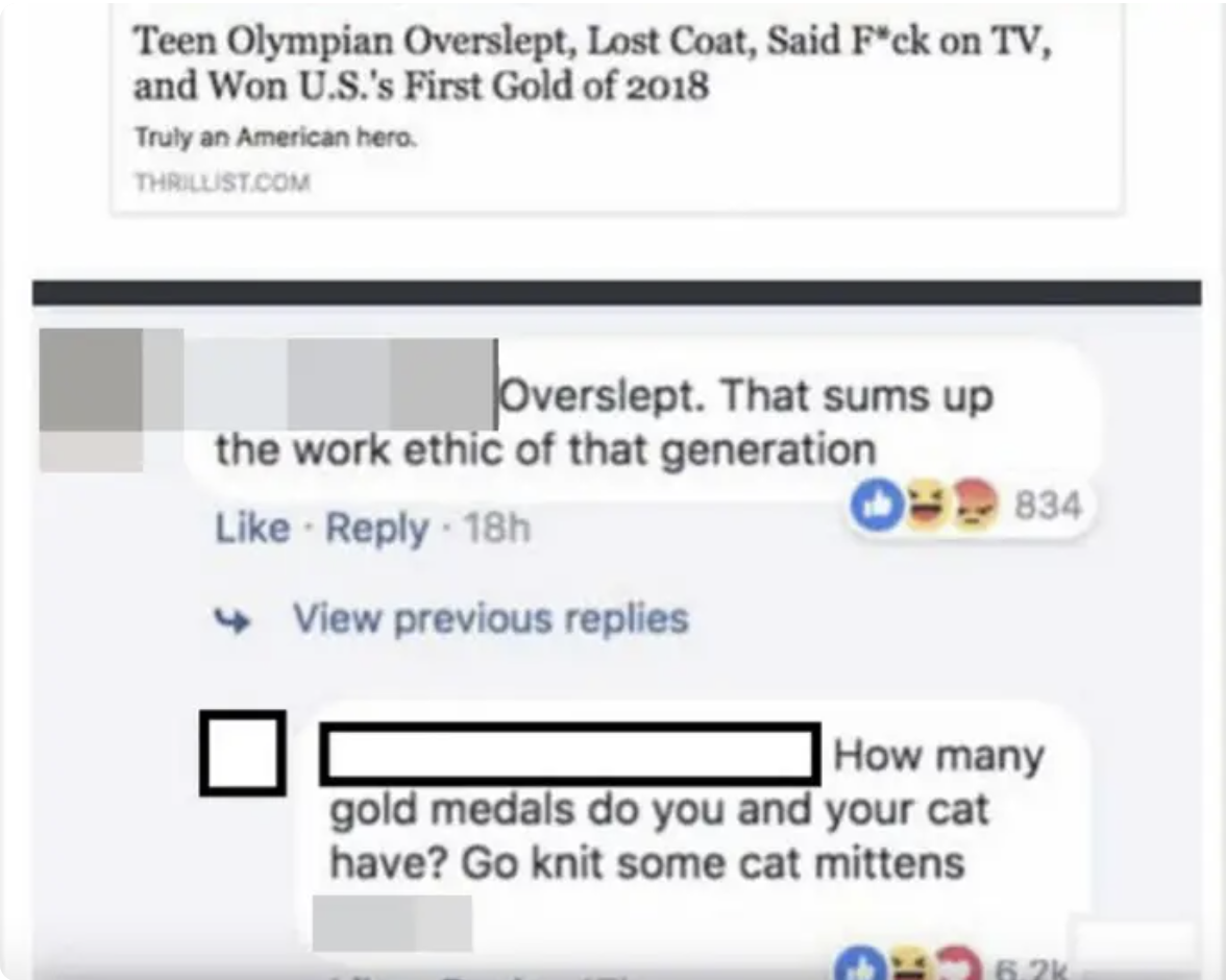 unhinged boomer post - teen olympian overslept article comments