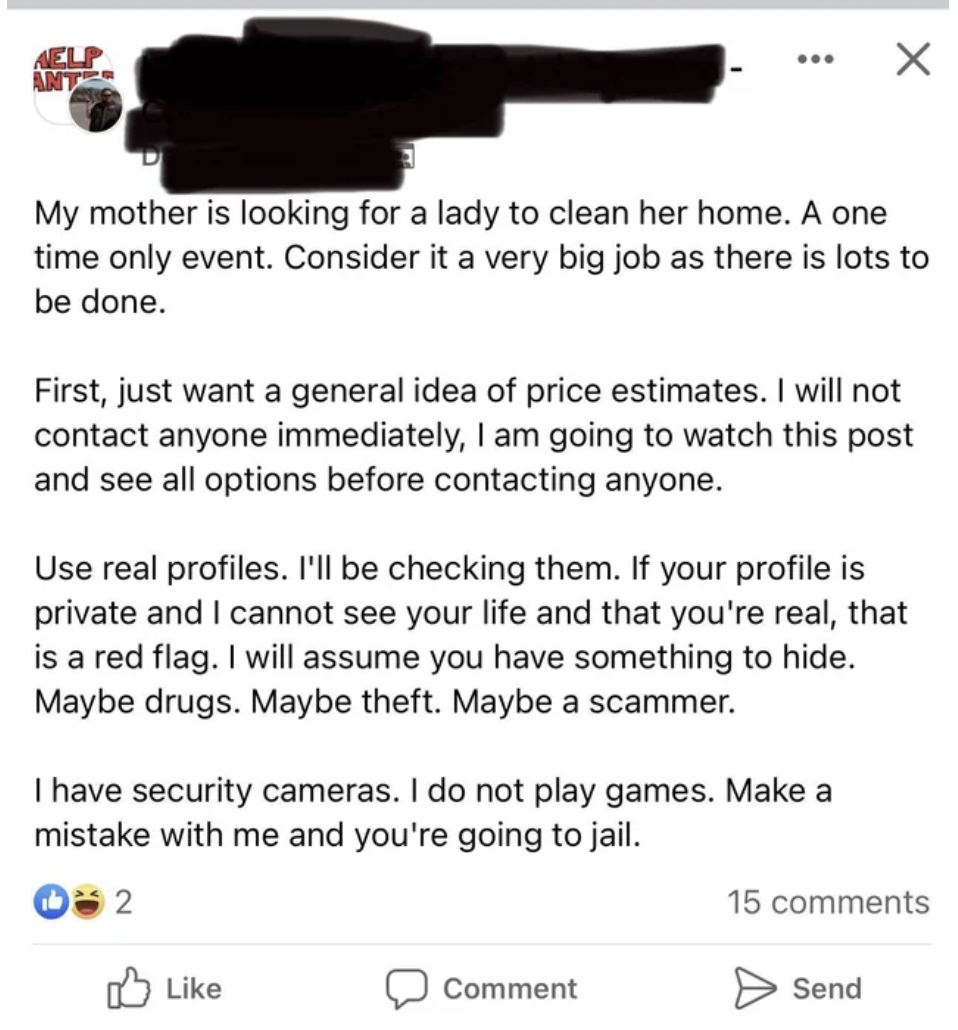 unhinged boomer post - my mother is looking for a lady to clean her home