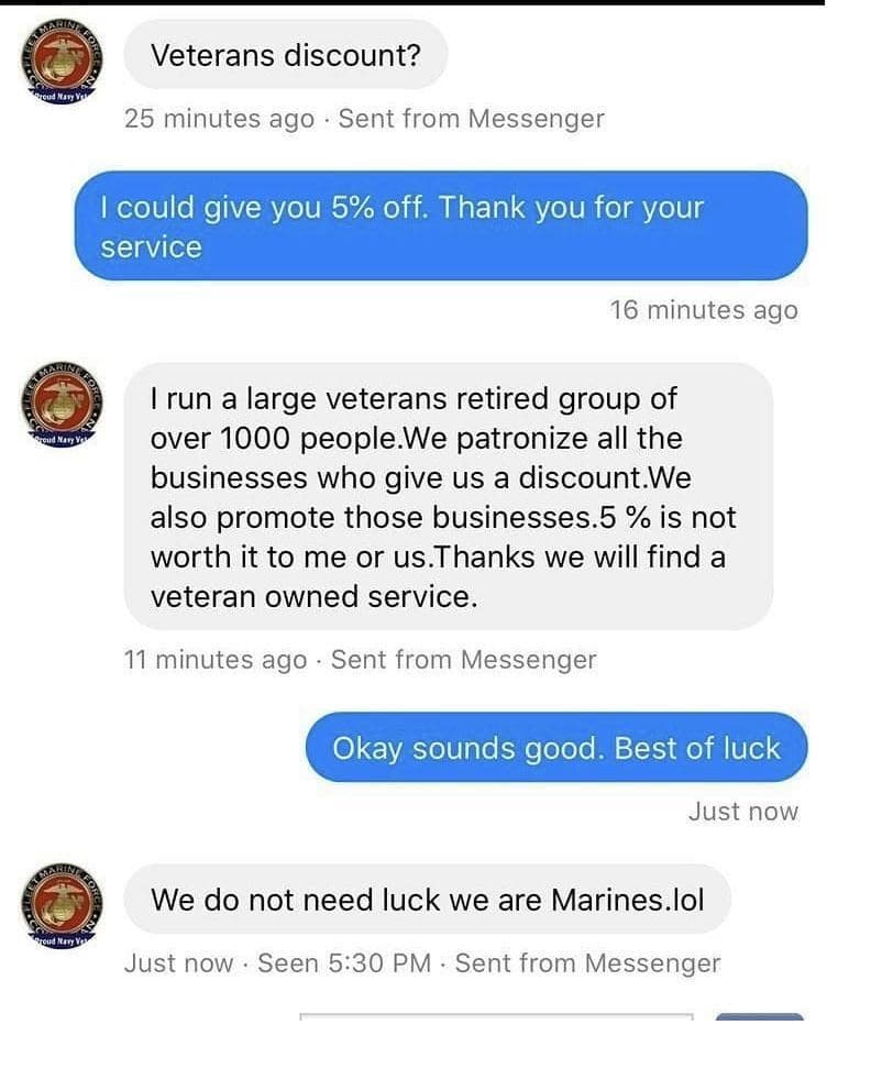 unhinged boomer post - veteran asks for larger discount